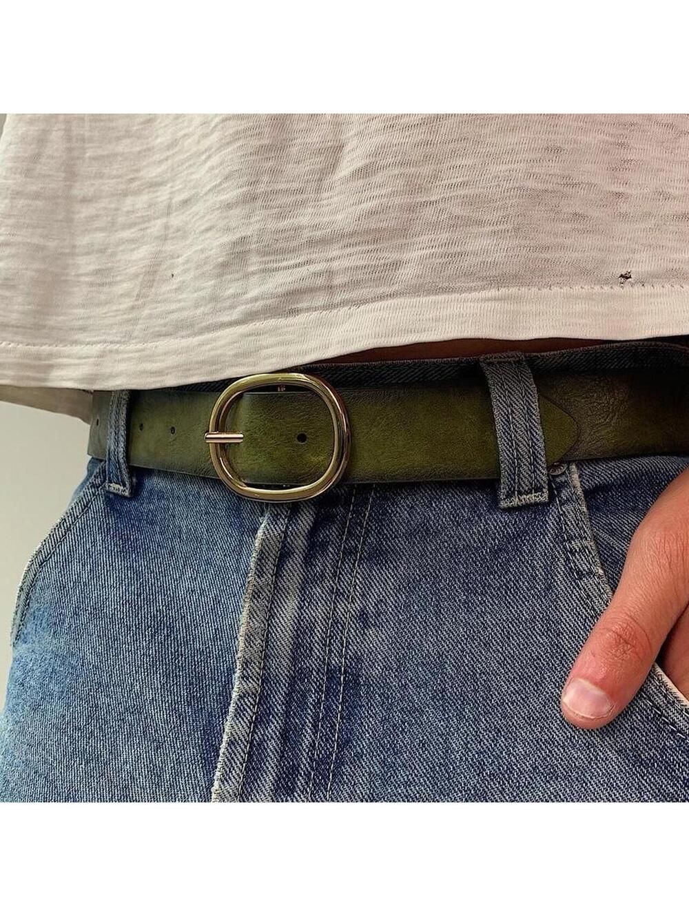 Faded Green leather belt with Gold oval belt buckle. Very cool unique belt. Y2k